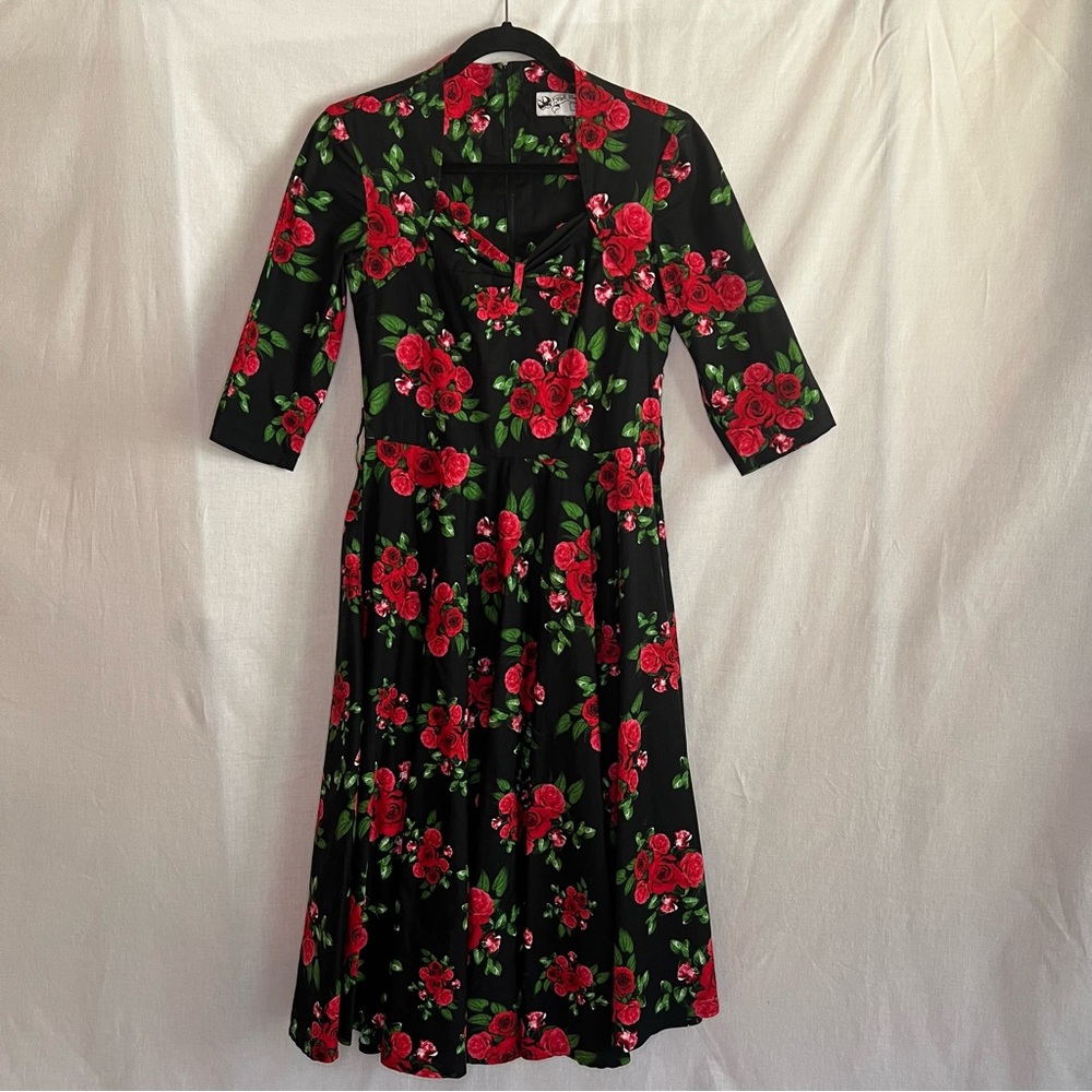 Hell Bunny Vixen, Women's Floral Black and Red Dress, Size Small
